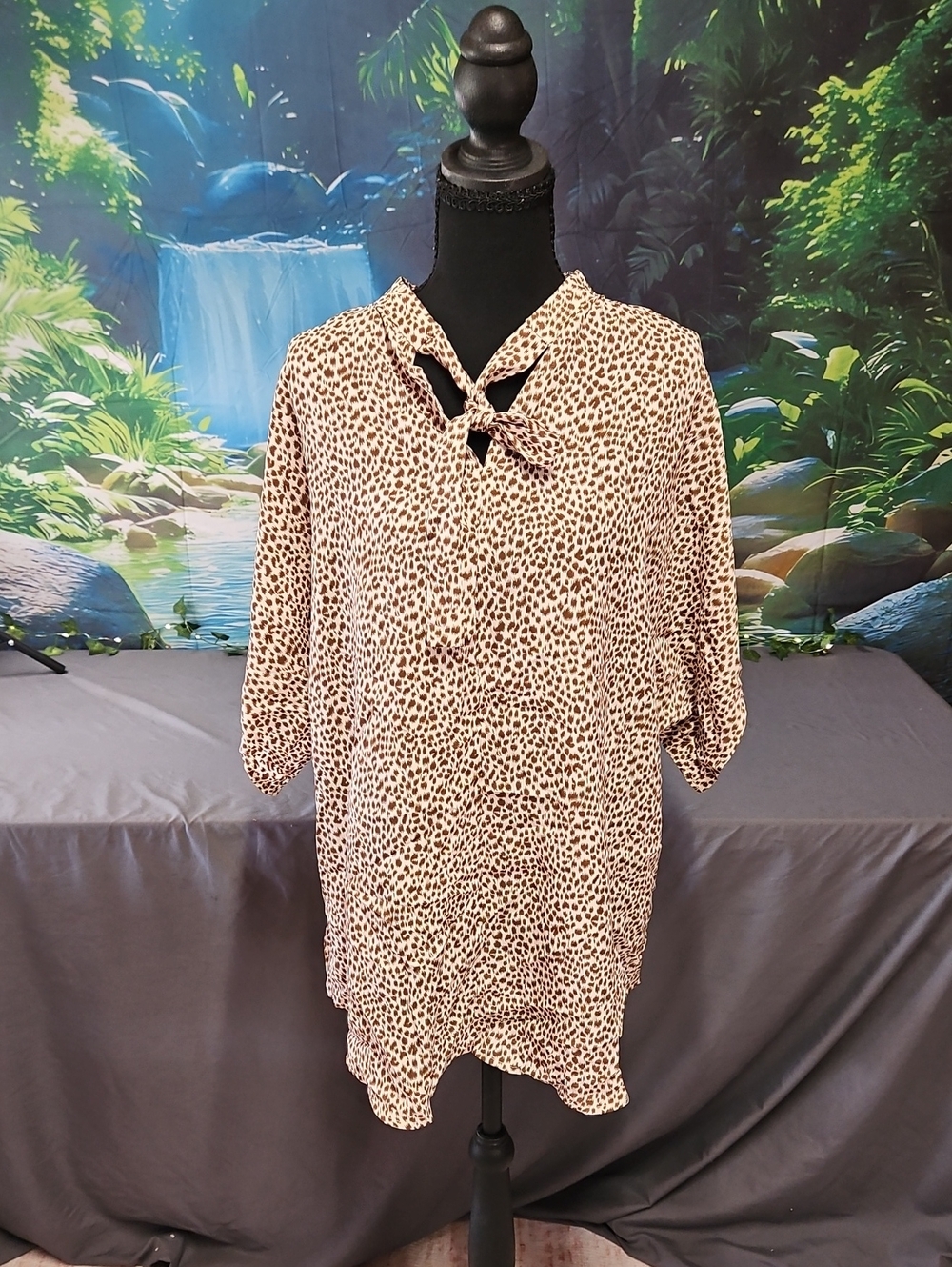 Unbranded Leopard Print Tie-Neck Women's Blouse- Beige/Cream